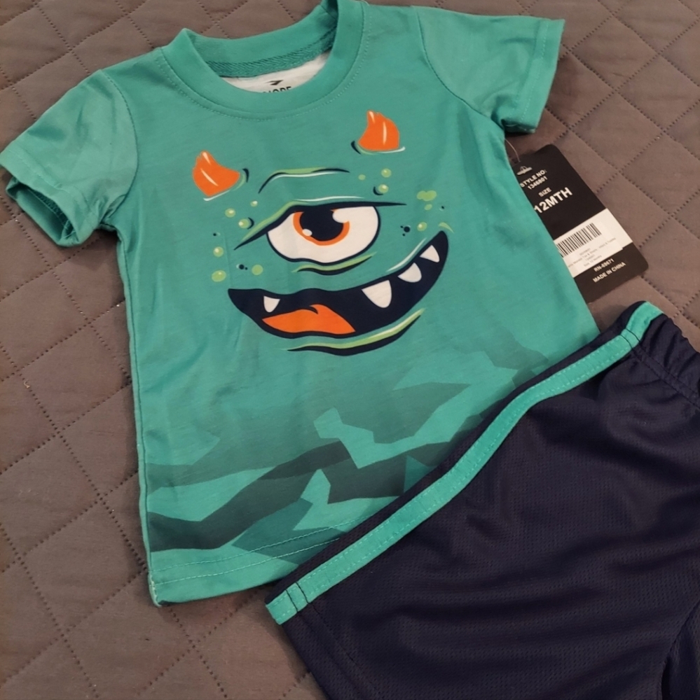 Monster Print Kids Short Set - Teal and Navy
